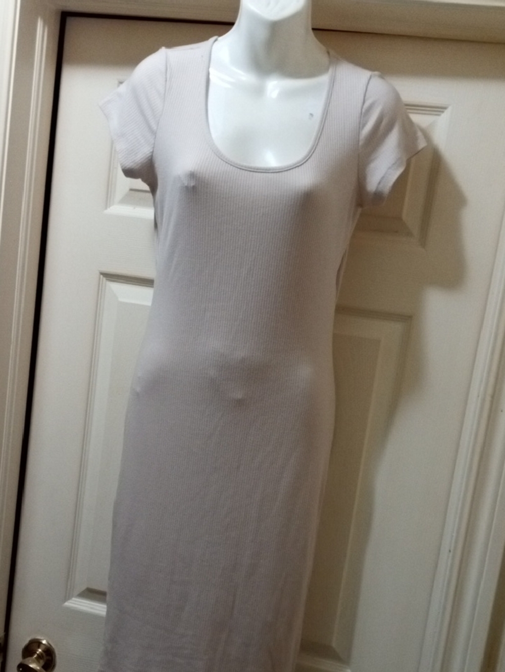 UK2LA Ribbed Scoop Neck Short Sleeve Maxi Dress in Light Beige